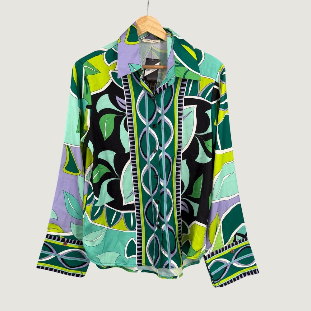 Sunday Up Blouse Medium New Green Purple Abstract Mod Print Silky Button Front